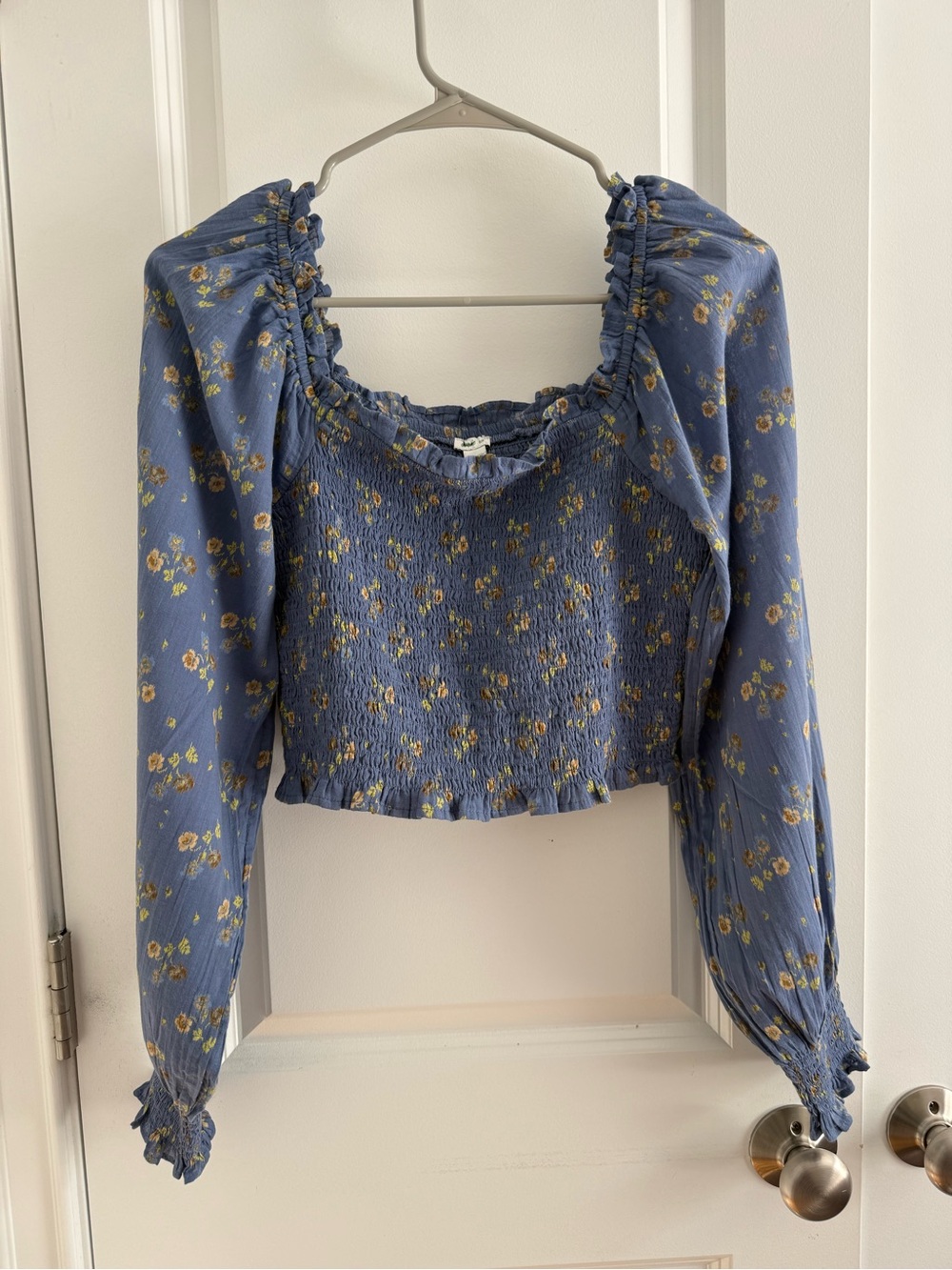 aerie Blue Floral Smocked Long-Sleeve Crop Top